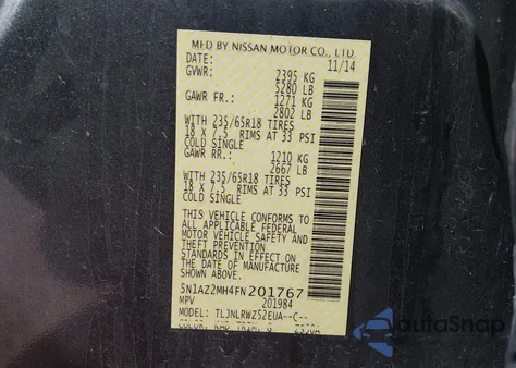 2015 Nissan Murano Sl from USA, damaged, VIN 5N1AZ2MH4FN201767